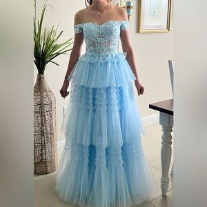 Blue ruffled corset top prom dress